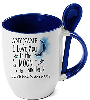 Personalised Any Name I Love You to The Moon & Back Coffee Tea Cocoa Soup Daily use Mug Valentine's Day Birthday Party gage Keepsake Unique Ceramic Cup Mug. (Blue Spoon)