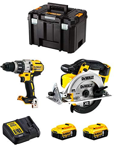 DeWALT Kit DWK214 (Perceuse à Percussion DCD996 + Scie Circulaire DCS391 + 2 Batteries de 5,0 Ah + Chargeur + TSTAK VI)