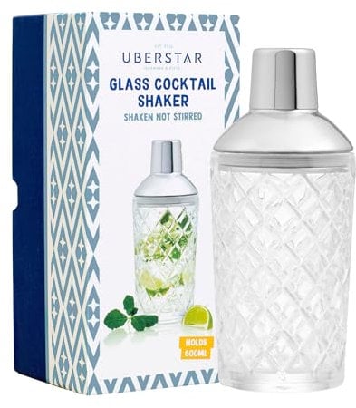 Elegant Cut Glass Cocktail Shaker/Built-in Strainer/Thick Walled Drinks Shaker Silver/Holds 600ml