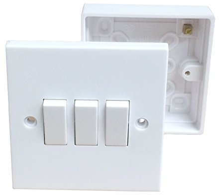 Triple Wall Switch & Back Box Pattress. 3 Gang 2 Way Switched Electrical, Multi-coloured
