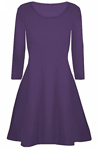 Mustwearit Women Ladies Plain A Line Long Sleeve Swing Skater Dress Top Purple