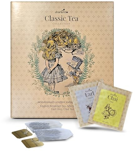 Charbrew Alice in Wonderland Tea Book Gift – 64 Individually Wrapped Teabags | 4 Classic Blends: English Breakfast, Earl Grey, Afternoon & Chai | Unique Tea Gift Set for Book Lovers