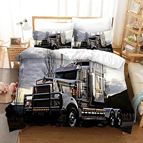 JWFGTT LKW-Auto Bettbezug Set 3 Teilig Pickup-Trucks Bettwäsche Set Kinder Jungs Teenager 3D gedruckte Bettbezug Set mit Reißverschluss Mikrofaser Ultraweiche Hypoallergene Bettbezug 135x200cm
