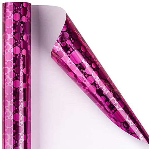 Holijolly Pinkes holografisches Geschenkpapier – Mini-Rolle – Tupfendruck für Geburtstag, Ostern, Feiertage – 44 cm x 10 m