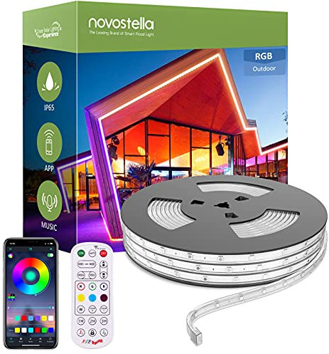 Novostella 16M Outdoor LED Strip Lights Waterproof 52.5ft Smart RGB Rope Light, App Control and RF Remote, Music Sync Color Changing Exterior Tape Lighting Kit for Garden Patio Party, 24V IP65