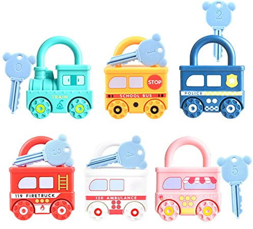 6Pcs Montessori Lock and Key Toy for Toddlers Car Shape Padlock Numbers Matching & Counting Toys Early Learning Educational Busy Board for Ages 2-5 Children Preschool Gifts