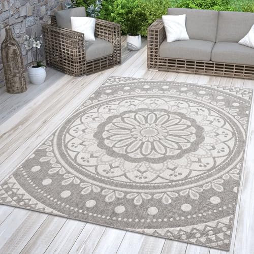 TT Home In-& Outdoorteppich Wetterfest Garten Orientalisches Marokkanisches Boho Design, Farbe: Grau Weiß, Größe:80x150 cm