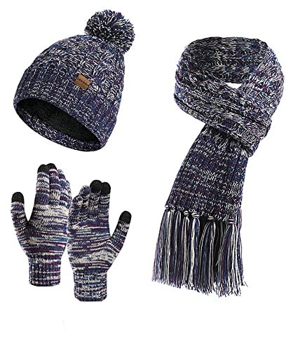Visioelo Set mit Bommelmütze, Schal und Handschuhen für Damen, mit Fleece gefüttert, Beanie, Touchscreen-Handschuhe, Schal mit Quaste, 3 Stück, violett, One size