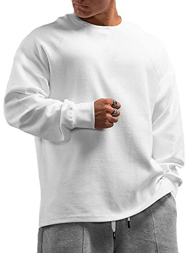 Muscle Alive Herren Basic Langarmshirts Waffel Sweatshirt Lockere Trainieren Zur Seite Fahren Rundhalsausschnitt Shirt Weiß S