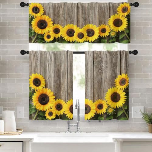 Tayney Sonnenblumen-Küchenfenstervorhänge, Volant und Etagen-Set, 91,4 cm, Holzbrett, gelbe Blume, Stangentasche, Kurze Etagenvorhang, Sommer, rustikal, Vintage, kleine Café-Vorhänge für