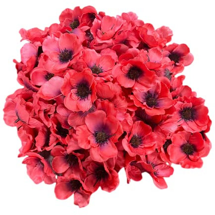 Rikyo 100 Stück künstliche Seidenmohnblumen, künstliche Mohnblumen, Anemonen, Blumenköpfe, Herbst, Vasenfüller, Korsagen, für Hochzeitsdekoration, Girlande, Kuchenornamente (Rosenrot)
