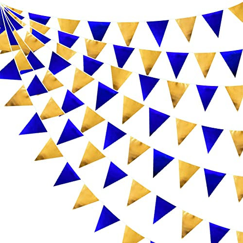 32Ft Blue Gold Fabric Triangle Banner Flag Double Sided Metallic Holographic Pennant Bunting Garland for Bachelorette Engagement Wedding Birthday Baby Shower Anniversary Graduation Party Decorations