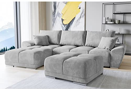 ML Furniture Ltd Set Velvet Ecksofa in L-Form 289 x 189 cm + Polsterhocker, Sofa mit Schlaffunktion, Fußhocker, Schlafsofa mit Bettkasten, Sitzpouf Farbe: Hellgrau