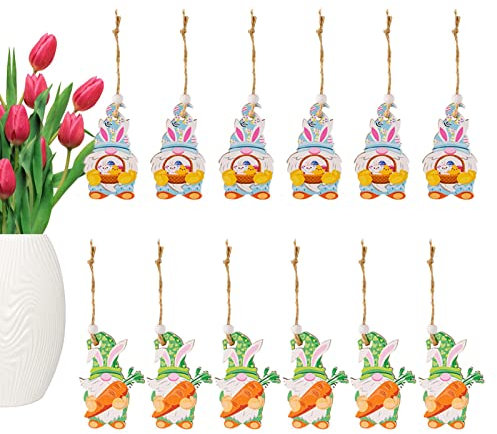 Holzzwerg | Holz Osterbaum Dekorationen – Frühling Ostern Willkommensschild, Osterhase und Karotte hängende Wimpelkette Girlande für Osterparty Dekorationen