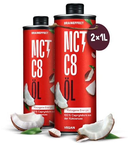 BRAINEFFECT MCT-Öl C8 (2 * 1000ml) - Bildet 300% mehr Ketone als andere MCT-Öle (100% C8) - Ketogene Ernährung - Reiner Extrakt aus Kokosnussöl - Ideal für ketogene Diät & Bulletproof Coffee