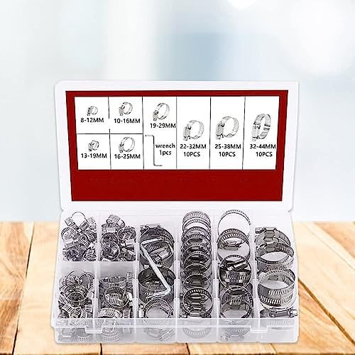 100pc Steel Hose Clamp Set 8 Sizes Adjustable Pipe Clamps with Z Wrench, Stainless Steel Hose Clips Set Ideal for Securing Hoses, Pipes, Cables, Tubes and Fuel Lines (1)