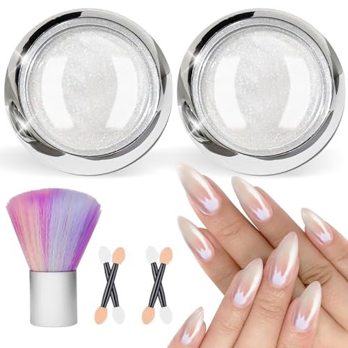 BISHENGYF Perle Chrom Nagelpuder Glitzerpuder Weiße, 2PCS Chrom Nagelpulver mit Puderpinsel Nägel, Pearl Effect Chrom Nail Powder für Chrome Nails und Glazed Donut Nails