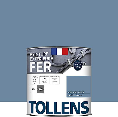 Tollens - Peinture extérieure fer 2 en 1 - Ultra Résistante - Protection antirouille - Laque Riche en Résine - Sans Sous-Couche - Entretien Facile - Brillant - Bleu Provence - 2L = 32m2