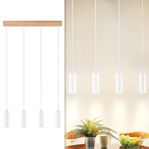 Glitzerlife Hängelampe Esstisch Esszimmerlampe Hängend - Pendelleuchte Weiß Holz Hängeleuchte 4 Flammig GU10 Pendellampe für Esszimmer Esstisch Küche Café