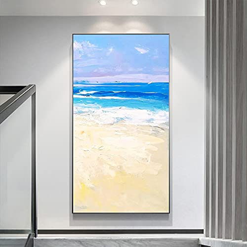 ZHMANLUCK Wandkunst für Wohnzimmer, großes Bild, blaues Meer, Strand, Gemälde, gerahmt, Leinwand, Wandkunst, Druck, Büro, Wohnzimmer, Dekoration, 90 x 180 cm/(35 x 71 Zoll) mit schwarzem Rahmen