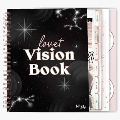 LOVET Vision Board Book LUXE – Tagebuch mit integrierten Vision Boards, Kategorisierte Träume und Dankbarkeitsrituale – Schwarz A4 2025
