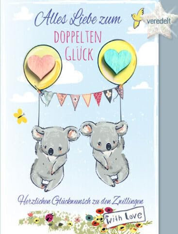 Karte zur Geburt von Zwillingen, Grußkarte Baby, Nachwuchs, Zwillinge (rosa-blau)