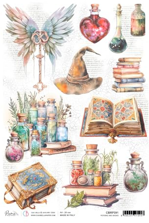 Ciao Bella Motiv-Strohseide Wizard Academy Bücher Zaubertrank A4 Papier für Scrapbooking Decoupage auf Holz Glas Metall Kunststoff Keramik Terrakotta säurefrei ganzjährig kreativ gestalten