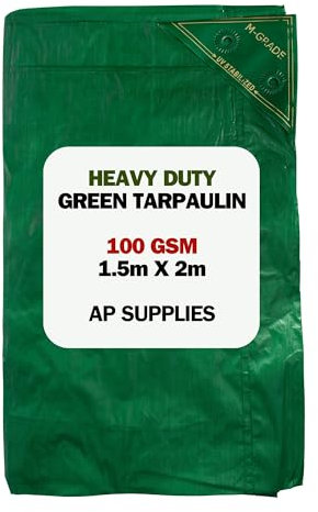 Green Tarpaulin Cover - 100gsm Thick - Waterproof, Weatherproof, Frost-Resistant, UV Protection, Universal, Multipurpose, Groundsheet, Camping, Boating, Hiking, Heavy Duty Sheet (1.5m x 2m)