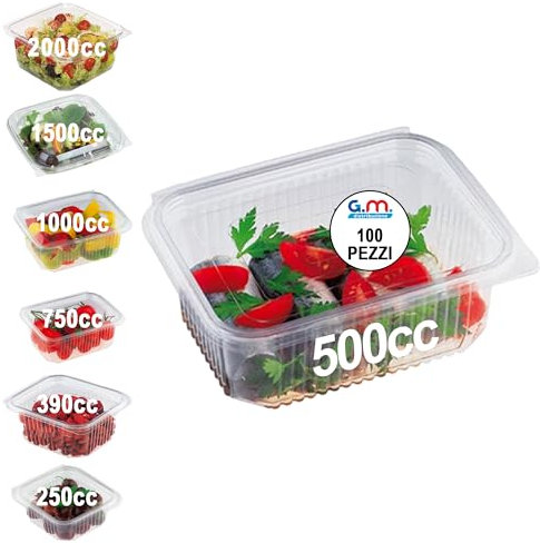 Generico GM 100 Vaschette per Alimenti Usa e Getta con Coperchio Rettangolari Trasparenti Pet Misura 500 cc Contenitori Plastica con Coperchio Trasparente Vaschette per Alimenti con Chiusura ermetica