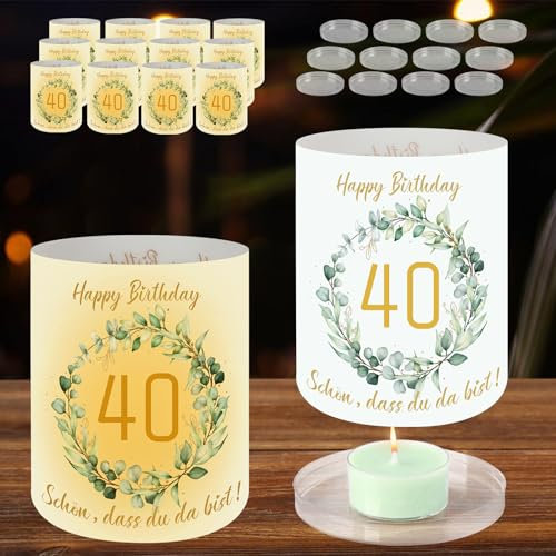 24 Stück Windlicht Tischdeko (12 Lampschirm + 12 Lampstand) 40 Geburtstag, Deko 40. Geburtstag Mann Frau, 40. Jahrestag, Schön DASS Du Da Bist, 40 Jahre Happy Birthday Tischdeko, Teelichter/Kerzen