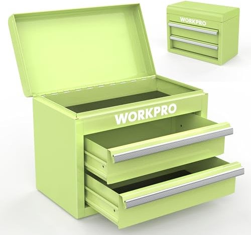 WORKPRO Mini Caja de Herramientas de Metal, Organizador de Maquillaje, 2 Cajones y 1 Caja Superior, con Alfombrillas Antideslizantes, para Organizar de Herramientas, Cosméticos, Material de Oficina
