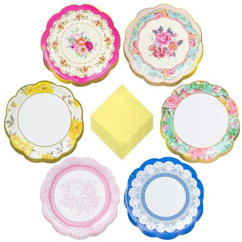 Vintage Floral Party Supplies - Assorted Paper Dinner Plates With Scalloped Edge & Pale Yellow Beverage Napkins (24 Plates & Napkins)