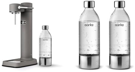 Aarke Carbonator 3, Premium Wassersprudler aus Edelstahl mit Aarke Flasche, Mattgrau Finish & 2er-Pack PET-Flaschen für Wassersprudler Carbonator 3