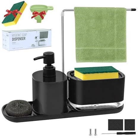 Jabonera Cocina, Dispensador Jabon Cocina, 4 in 1 Dosificador Jabon Cocina, Dispensador de Jabon con Esponja, Embudos y Sujeta Manteles, Detergente Recargable, Adecuado para Cocinas(Negro)
