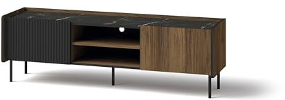 MINIO go for it - Meuble TV 150 cm, Table Television Salon, Meuble Télé, Banc TV Pereto 7, Meuble de Television avec Rangement, Meuble Tele- Noyer Warmia/San Sebastian/Noir Mat Couleur