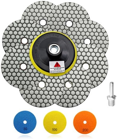SHDIATOOL Diamond Dry Polishing Pads - 8pcs 100mm (3pcs Grit 50+3pcs Grit 100+2pcs Grit 200) Polishing Kit and M14 Plastic Backer for Granite Marble Artificial Stone Quartz for Angle Grinder
