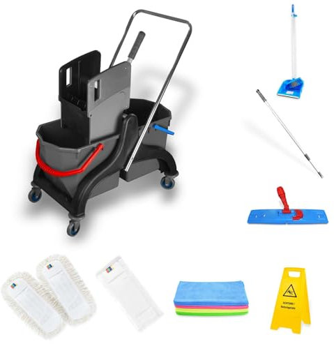 Hypafol Profi Putzwagen & Wischer Set I 2 x 25L Putzeimer mit Presse I inkl. 3 x Wischmopp, 12 x Mikrofasertuch & Warnschild I Reinigungswagen Gewerbe I Boden wischen in Gastro, Arztpraxis, Großküche