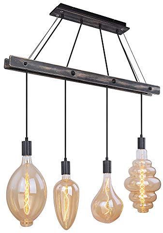 Decken Pendelleuchte aus Holz 4 flammig Hängeleuchte schwarz matt Esstischleuchte, 4x E27, LxBxH 90x9x120cm, Wohnzimmer Esszimmer