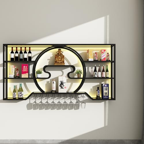 CVERTHAF Portabottiglie in Metallo con mensole galleggianti per Vino con Luce a LED, Moderno portabottiglie per Vino Montato a Parete con portabicchieri, mensola per liquori in Ferro battuto, mensola