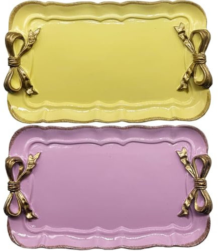 Cayway 2 Pz Vassoio Decorativo Vintage, Vassoio Porta Asciugamani, Piatto in Resina con Nodo a Fiocco per Vassoio Porta Asciugamani, Vassoio per Frutta, Porta Orecchini, Viola e Giallo