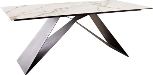DELIFE Esszimmertisch Edge Keramik Calacatta Luxe Weiß-Gold-Grau 200x100 | V-Gestell Flachstahl Schwarz