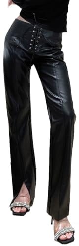 EMOTTOS Women Faux Leather Pants, Middle Waist Straight Leg Trousers with Adjustable Straps, PU Leather Look Slim Fit Jean with Split Bottom Streetwear for Nightclub Party, Black, L