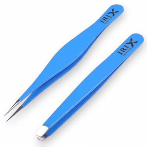 Irix London Lot de 2 pinces à épiler professionnelles - Pointes inclinées et pointues de précision pour poils du visage et sourcils - Pointes fines et pointues (bleu)