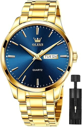 OLEVS Herren-Armbanduhr, Edelstahl, wasserdicht, Datum, analog, Quarzuhr, klassisches Luxuskleid, leuchtendes Gold/Schwarz/Blau/Weiß, Zifferblatt für Herren, G6898: goldenes Armband und blaues