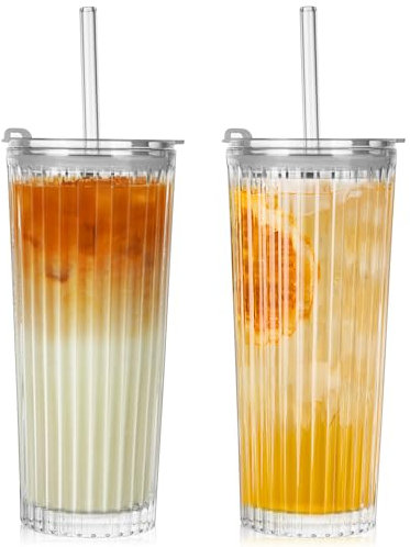ZgoEC 520ml Glas mit Deckel und Strohhalm: 2pcs Eiskaffee Gläser Hitzebeständig, Gerippte Trinkglas für Kaffee & Smoothie, Matcha Gläser für Haushalt & Büro, Spülmaschinenfest, Geschenk