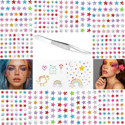 Colorful Star Face Jewels Glitter Gems Stickers - Rhinestone Face & Nail Art Kit for Festival Makeup, Costume Accessories, Photoshoot Props, Party Decorations with Metallic Tweezers