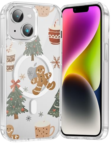 Saqmkil Weihnachten Magnetische Handyhülle für iPhone 15 Hülle,Süß Weihnachts Lebkuchenmann Muster Winter Christmas Case Kompatibel mit MagSafe, Transparent Silikon TPU Stoßfest Xmas Schutzhülle Cover