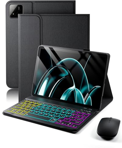 für Xiaomi Pad 7 / 7 Pro (2024) Xiaomi Pad 8 / 8 Pro (2025) 11.2 Zoll Hülle mit Kabelloses Bluetooth Beleuchtete Farbige Deutsch Tastatur (QWERTZ) und Maus, Magnetisch Abnehmbar, Backlit Keyboard Case