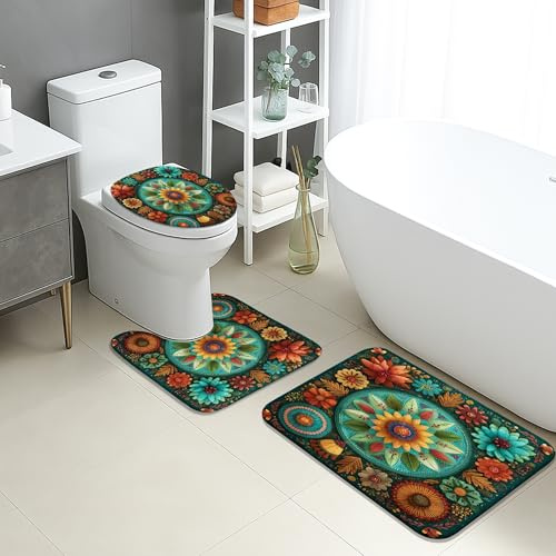 Badezimmermatten-Set mit Blumenmuster, buntes Mandala- und Blumenmuster, saugfähig, rutschfest, U-förmig, waschbar, Sommerdekoration, schnell trocknend, Flanell-Badezimmerteppich-Set, 3-teilig