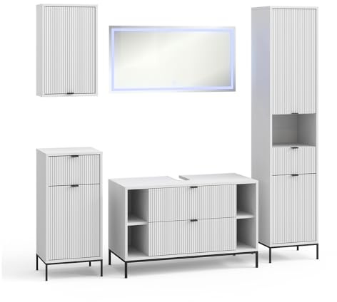 Vicco Badmöbel-Set Eliza, Weiß, 100 cm, besteht aus Waschbeckenunterschrank, Spiegelschrank, Hochschrank, Midischrank und Hängeschrank